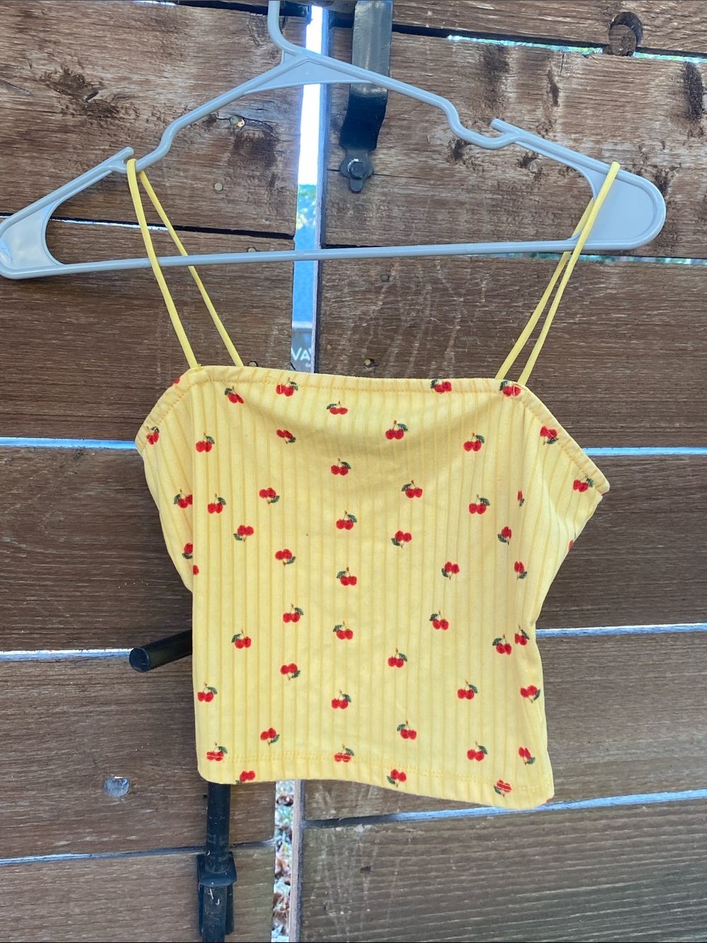 Yellow Ribbed Cherry Print Cropped Cami